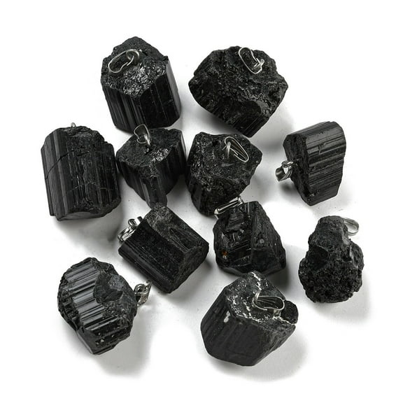 10 pc Natural Black Tourmaline Pendants Nuggets Charms with Stainless Steel color Plated 201 Stainless Steel Snap on Bails 15~30x11~12x9.5~12mm Hole: 3.5x7.5mm