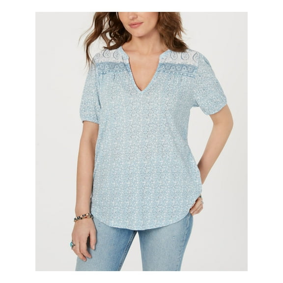 LUCKY BRAND $59 Womens New Light Blue Printed V Neck Short Sleeve Top S B B