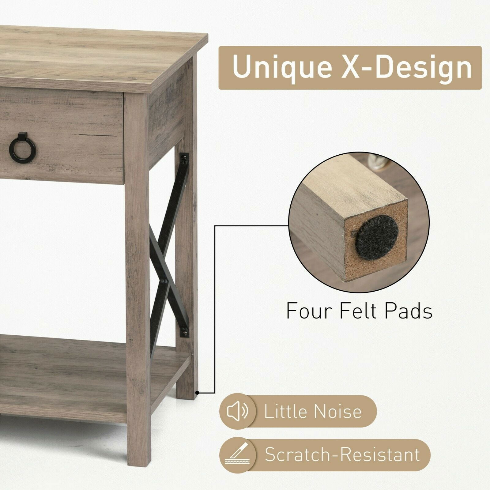 Private Jungle Single Farmhouse Nightstand Wood End Table Bed Sofa Side Table w/Drawer Bedroom Decor,Rustic Gray + Black