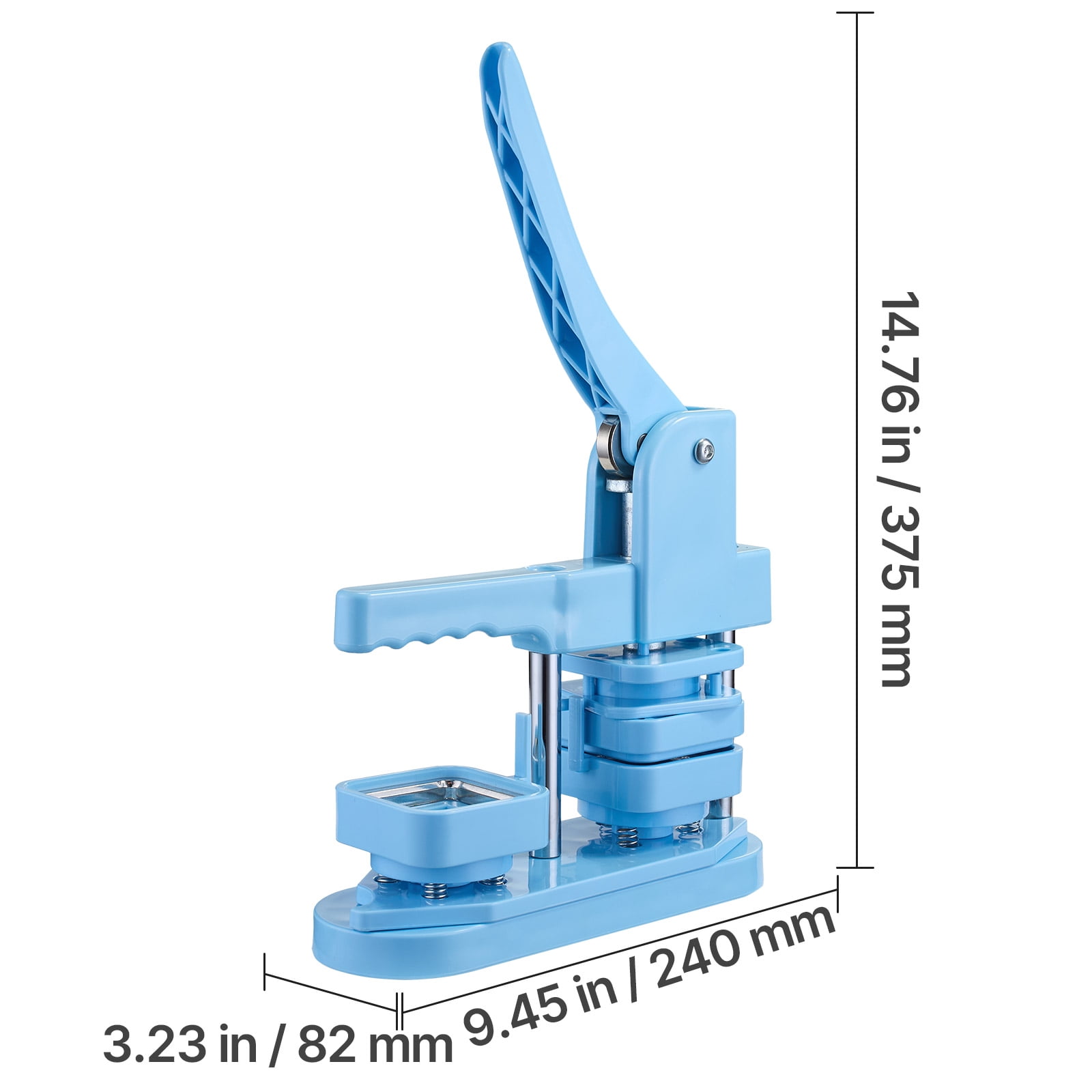 KFFKFF Square Button Maker Machine, 1.97 x 1.97 in, Plastic Pin Maker with Tinplate Front Shells, Plastic Back Covers, Magnetic Backings, Transparent Films, Ergonomic Handle, Blue