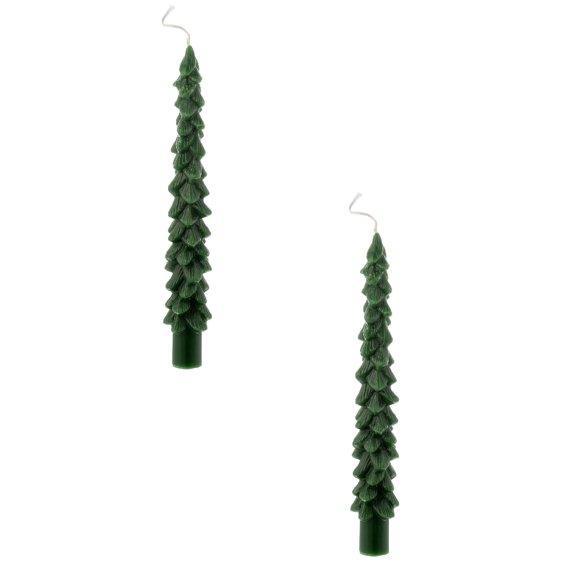 Christmas Tree Taper Candles, Green Unscented Wax, Holiday Table Decor 2 Set