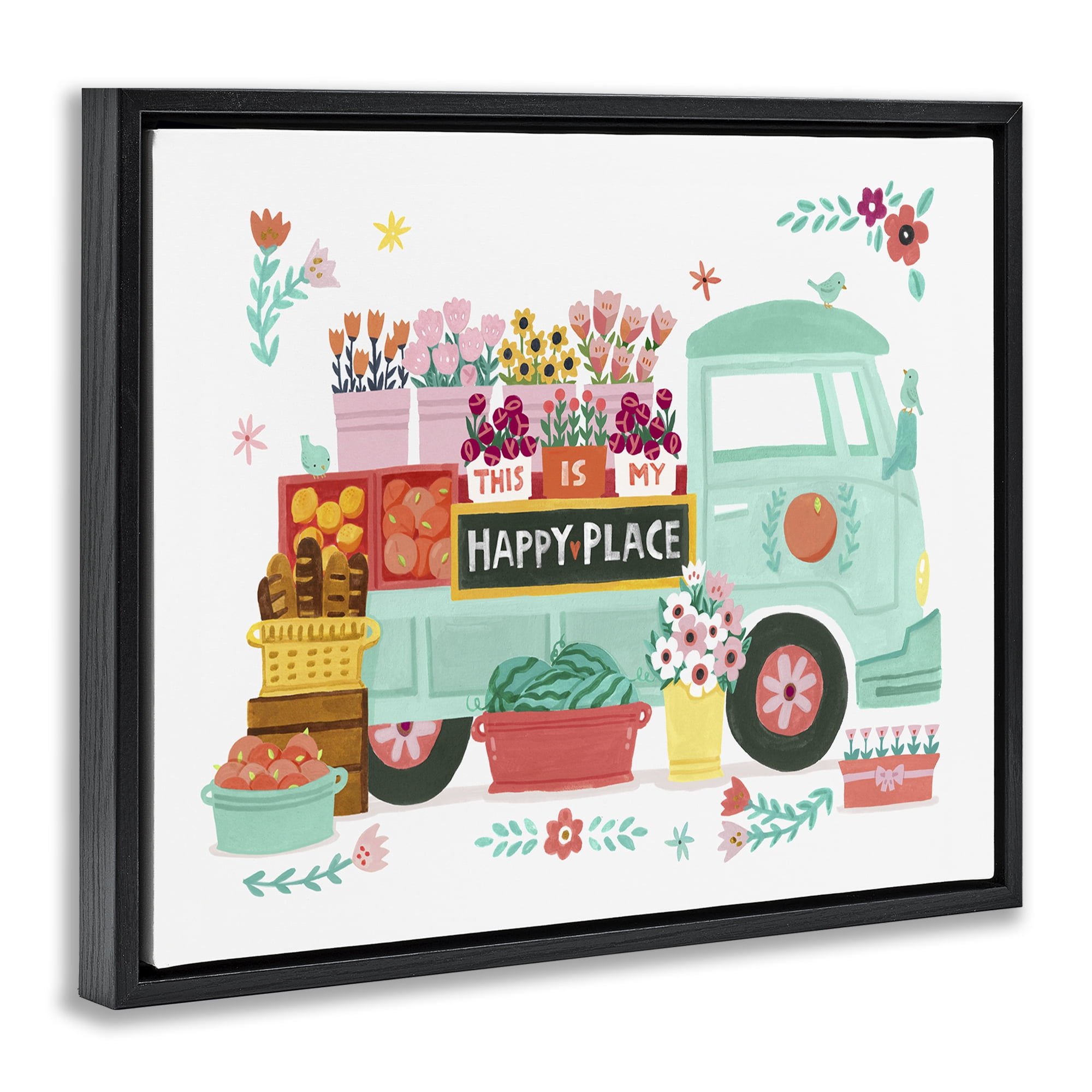 Stupell Industries Happy Place Flower Truck Plants & Flowers Painting Black Floater Framed Canvas Art Print Wall Art, 21 x 17