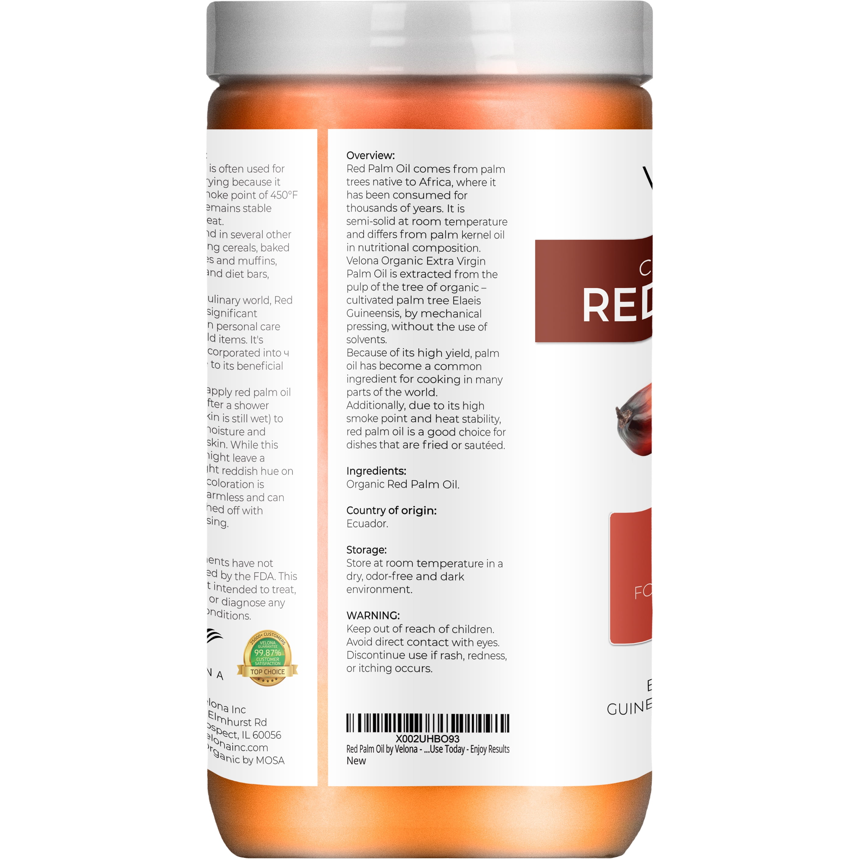 Velona USDA Certified Organic Red Palm Oil 64 Fl Oz | Food and Cosmetic Grade | in jar | Extra Virgin, Cold Pressed | Skin, Face, Body, Hair Care | Use Today - Enjoy Results
