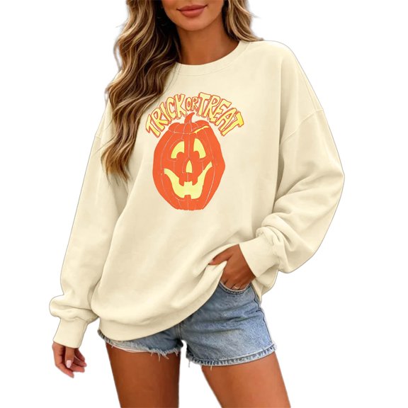 CONZONE Halloween Womens Sweatshirts Letter Pumpkin Graphic Oversized Sweatshirt for Women Spooky Season Fall Winter Pullover Tops