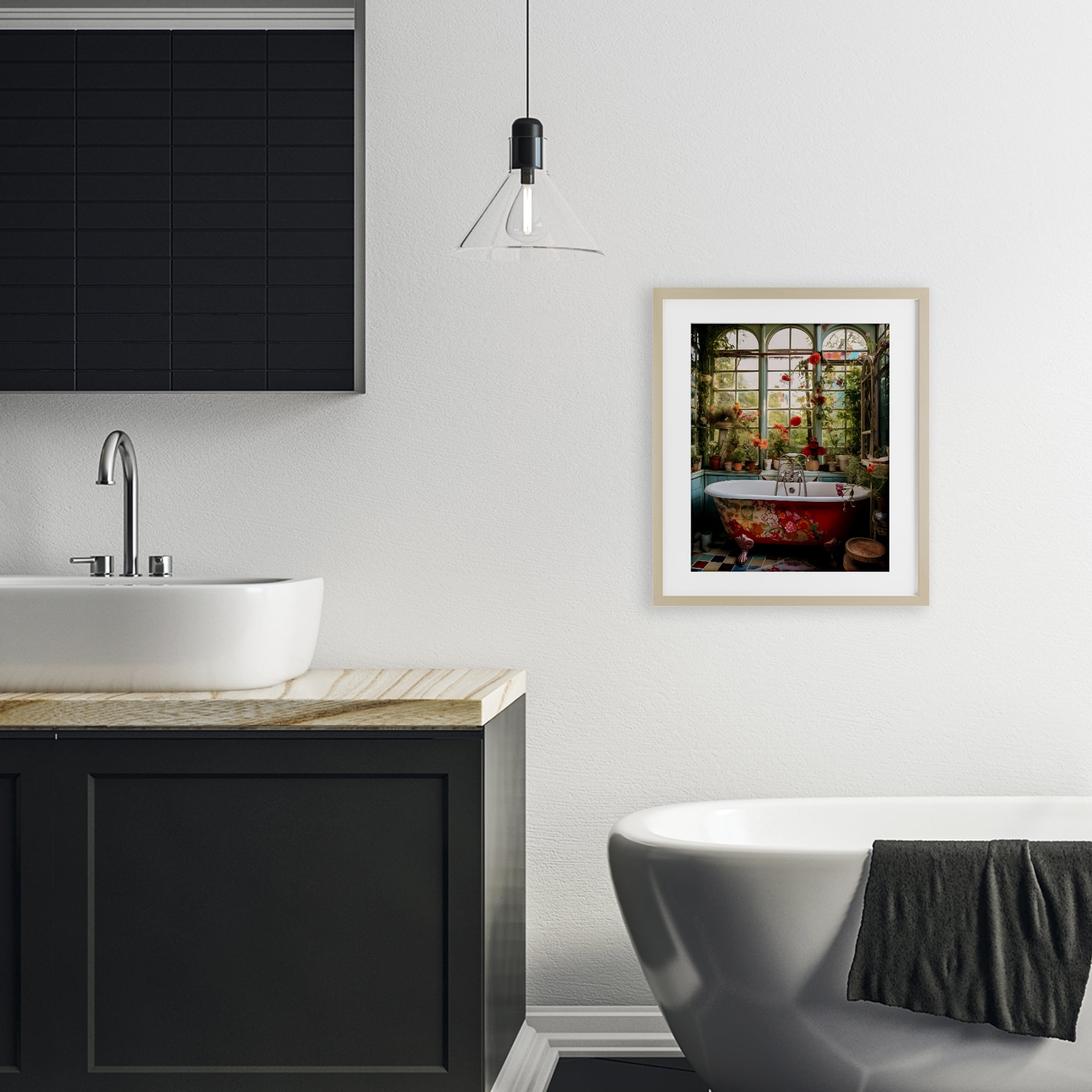 Floral Sunroom Tub Birch Framed Print Under Glass, design by Lettered and Lined
