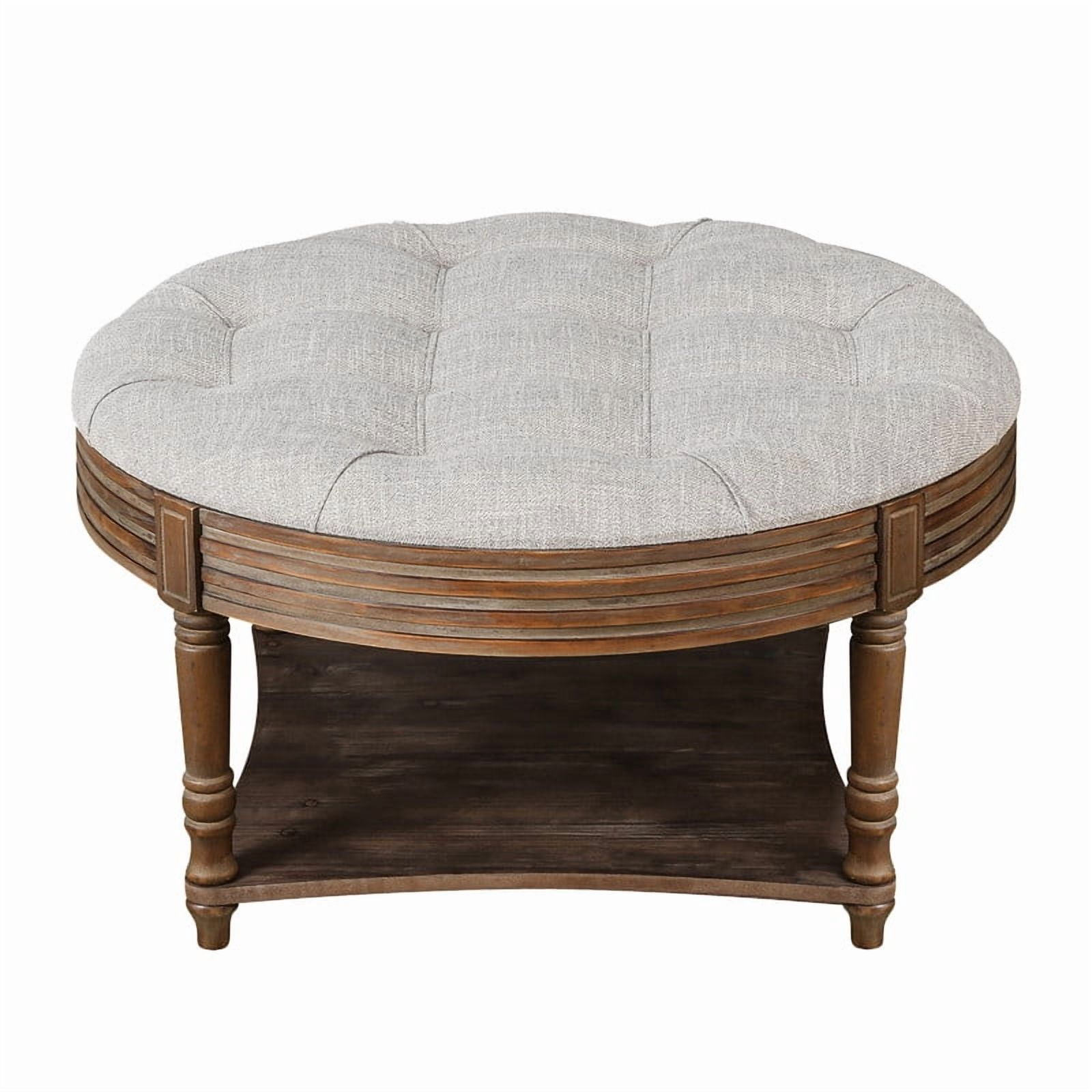 Round Storage Ottoman Coffee Table with Wooden Shelf, Oversized Tufted Upholstered Ottoman with Hidden Storage, Waterproof Linen Footrest for Living Room, Light Gray