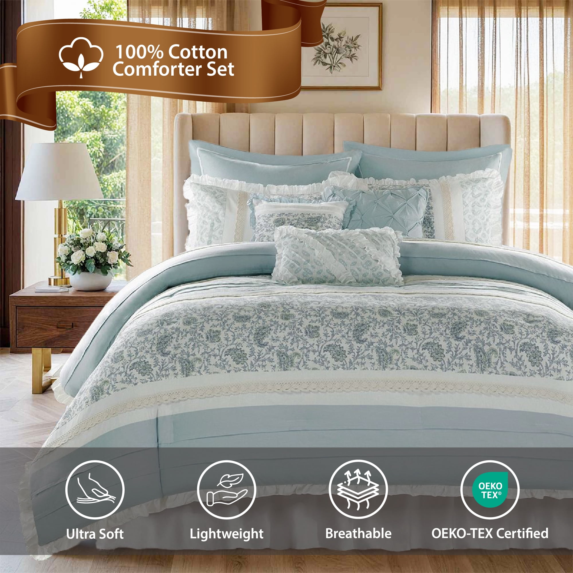 Madison Park King Size Comforter Set with Lace Taping Pintucked, Bedroom, Aqua, 9-Piece