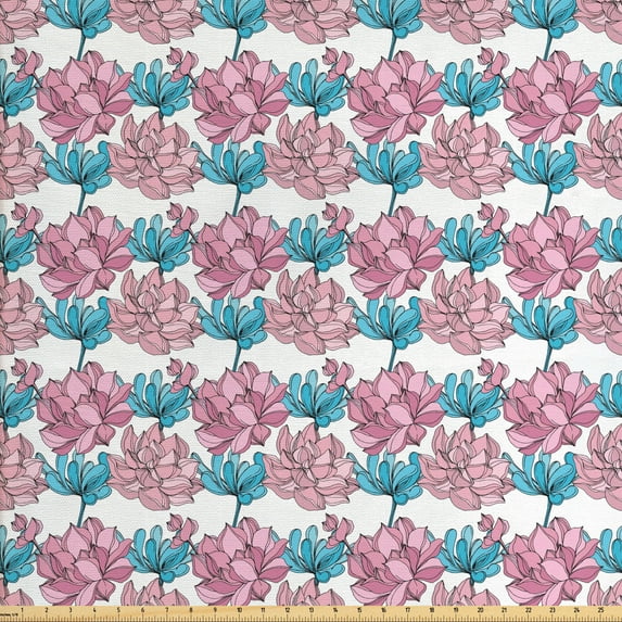 Garden Art Fabric by the Yard, Summer Time Succulents Exotic Flora Plantation Jungle Setting, Decorative Upholstery Fabric for Chairs & Home Accents, Blue Pale Fuchsia by Ambesonne