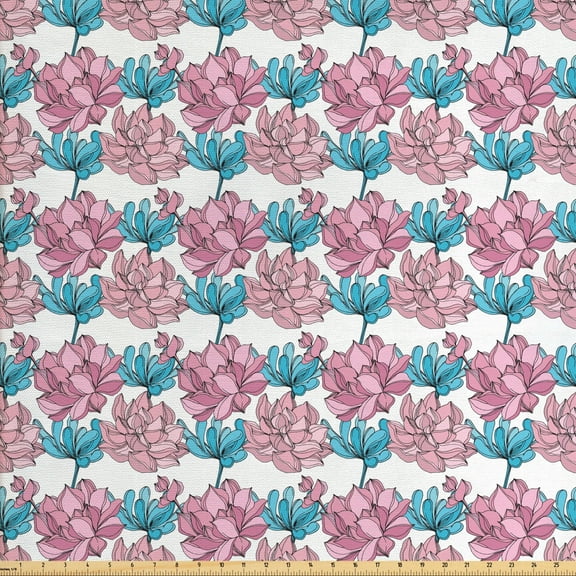 Garden Art Fabric by the Yard, Summer Time Succulents Exotic Flora Plantation Jungle Setting, Decorative Upholstery Fabric for Chairs & Home Accents, Blue Pale Fuchsia by Ambesonne