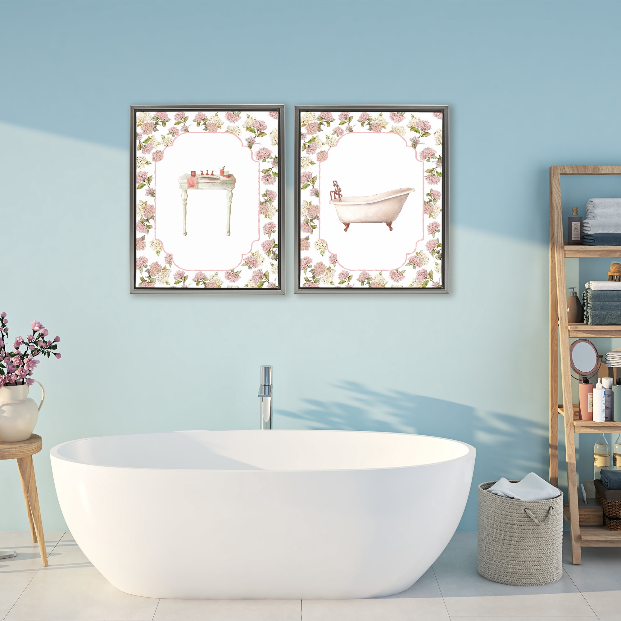 Stupell Industries Elegant Hydrangeas Bathroom 2 Piece Gray Framed Floater Canvas Set, design by Carol Robinson