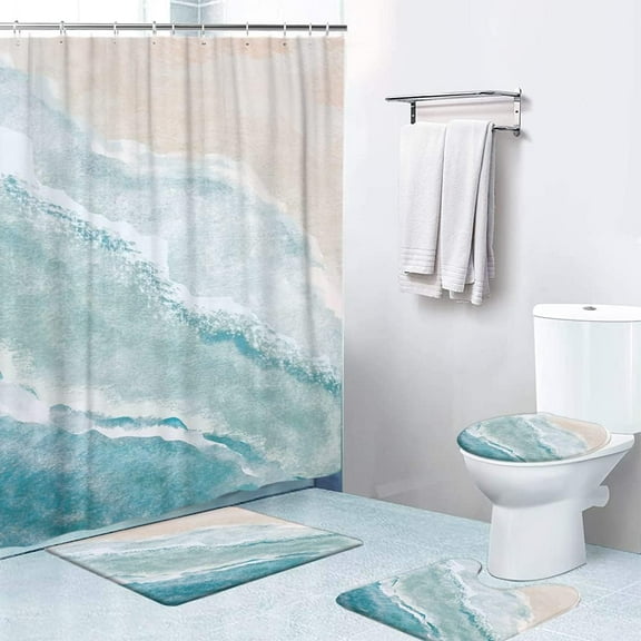 4 Pcs Shower Curtain Sets with Non-Slip Rugs, Toilet Lid Cover and Bath Mat,Green Paint and Golden Shiny Veins Spilled Waterproof Shower Curtain with 12 Hooks, Bathroom Decor Sets, 72"x 72"