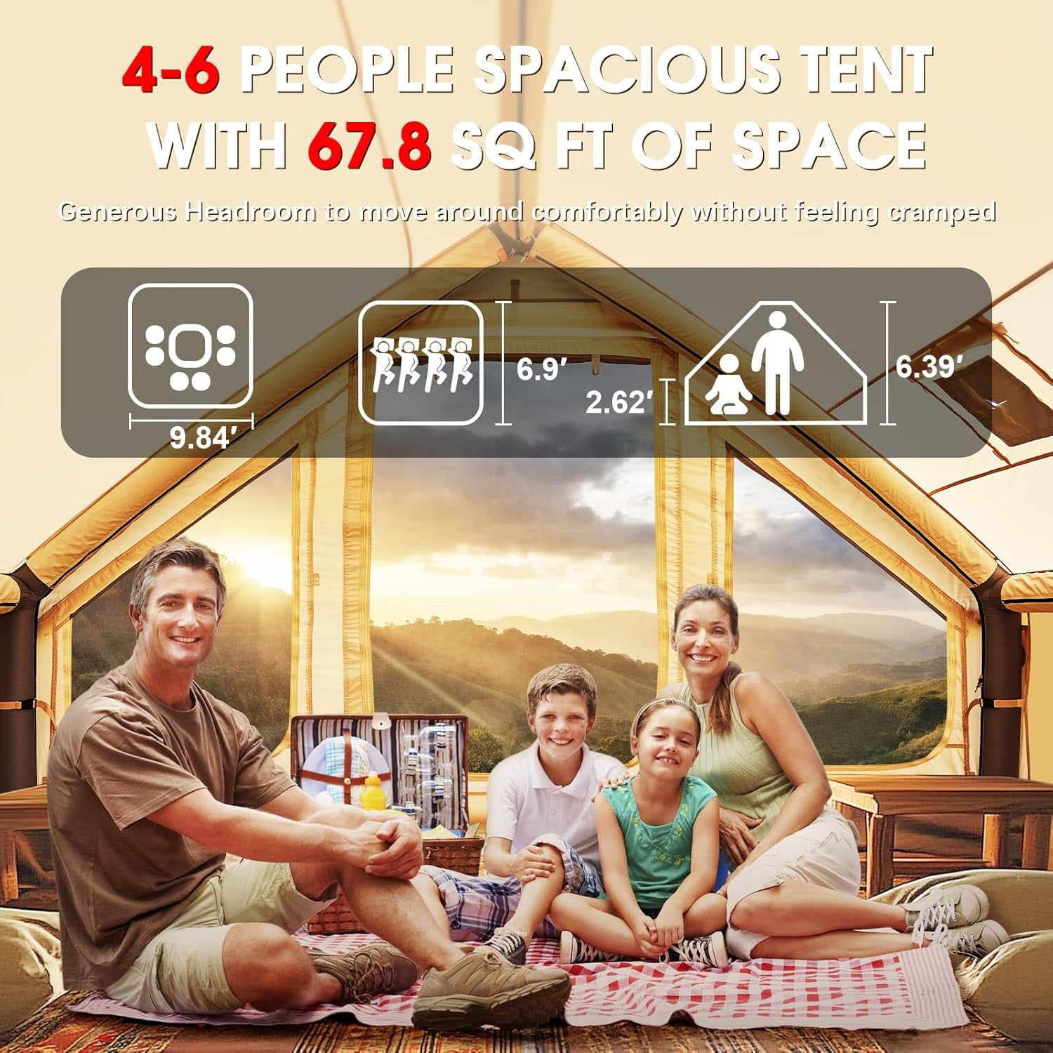Slsy Inflatable Tents with Canopy for Camping, Blow Up Tent with Hand Pump, Easy Setup Inflatable Hot Tent with Stove Jack, Waterproof Oxford Air Glamping Tents for Camping Adult 4-6 Person