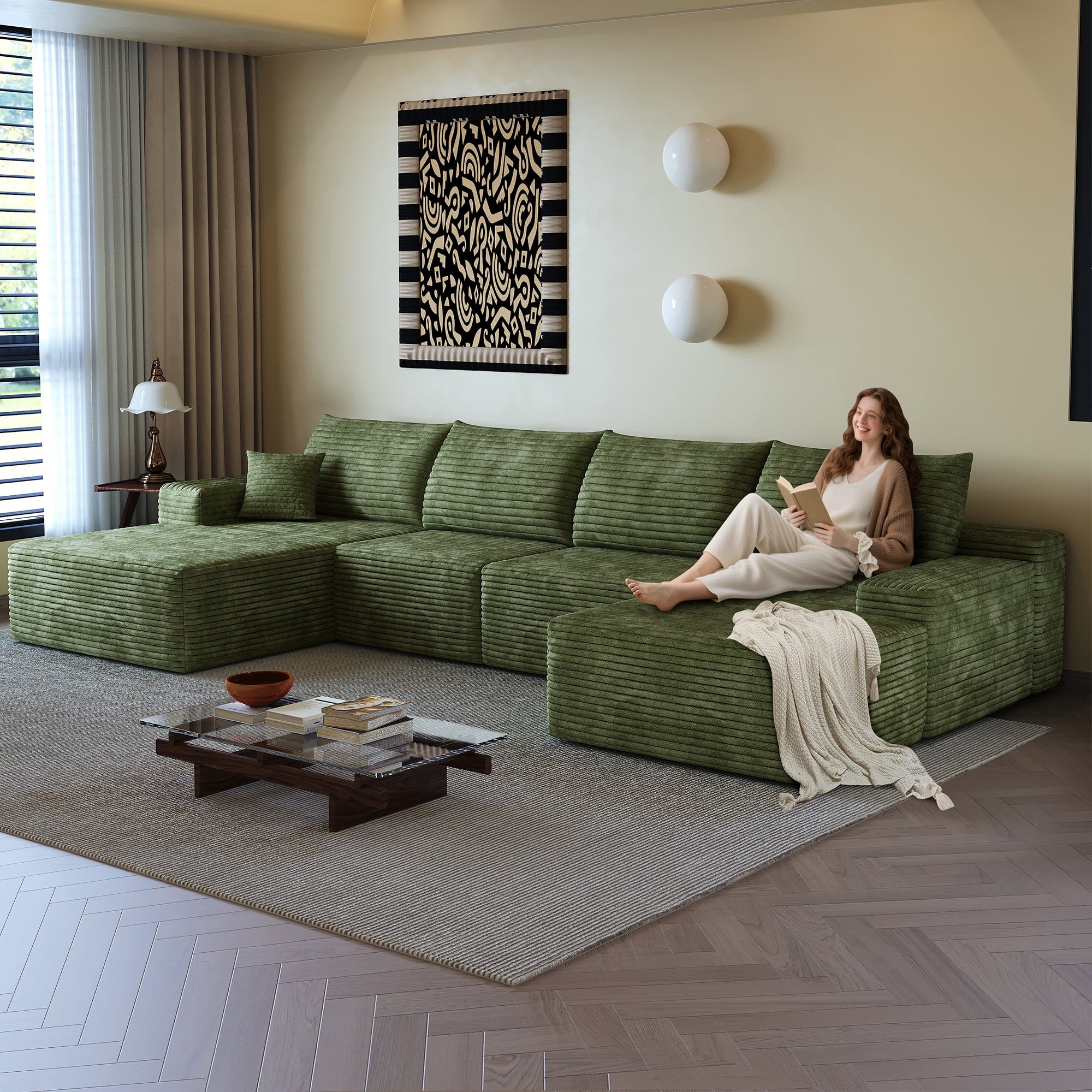 Sailvan 135" Cloud Sectional Couch, Cloudy Sofa with L-Shape Chaise & Ottoman, Upholstered Couches for Living Room & Bedroom, No Assembly Required, Plush Corduroy Fabric, Green
