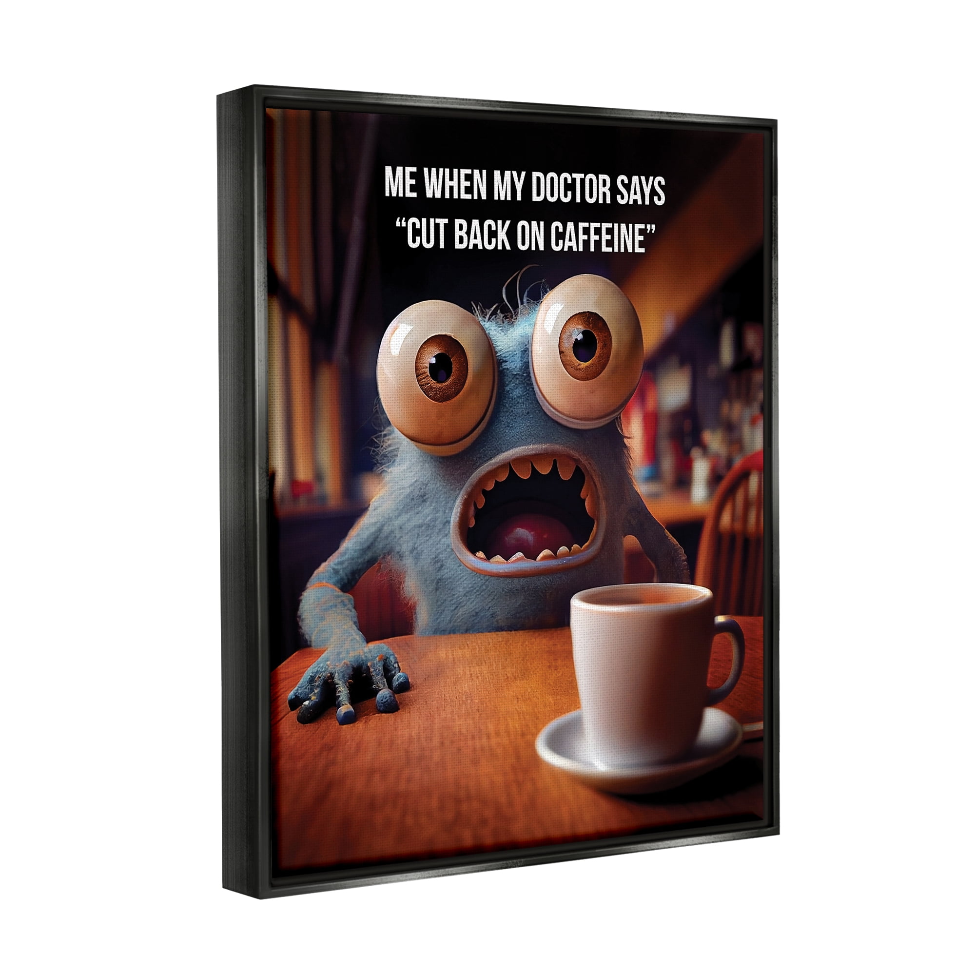 Stupell Industries Monster & Coffee Phrase Food & Beverage Painting Black Floater Framed Art Print Wall Art, 17 x 21