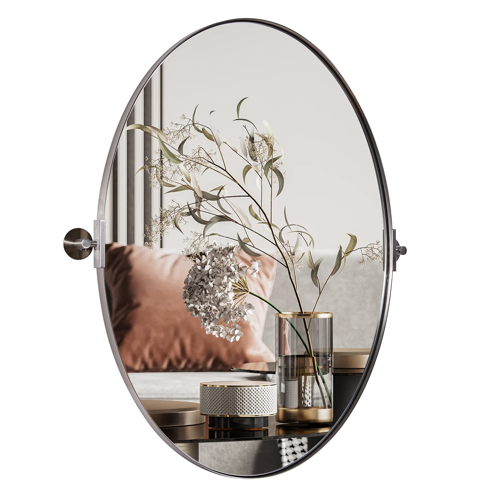MOON MIRROR Brushed Nickel Bathroom Mirror, Oval Pivot Mirror for