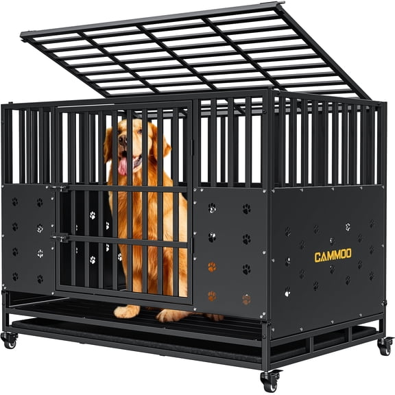 CAMMOO 48" Foldable Heavy Duty Dog Crate Cage for Large Dogs, XL Dog Kennel for Indoor&Outdoor, 4 Lockable Wheels, Adjustable Internal Height