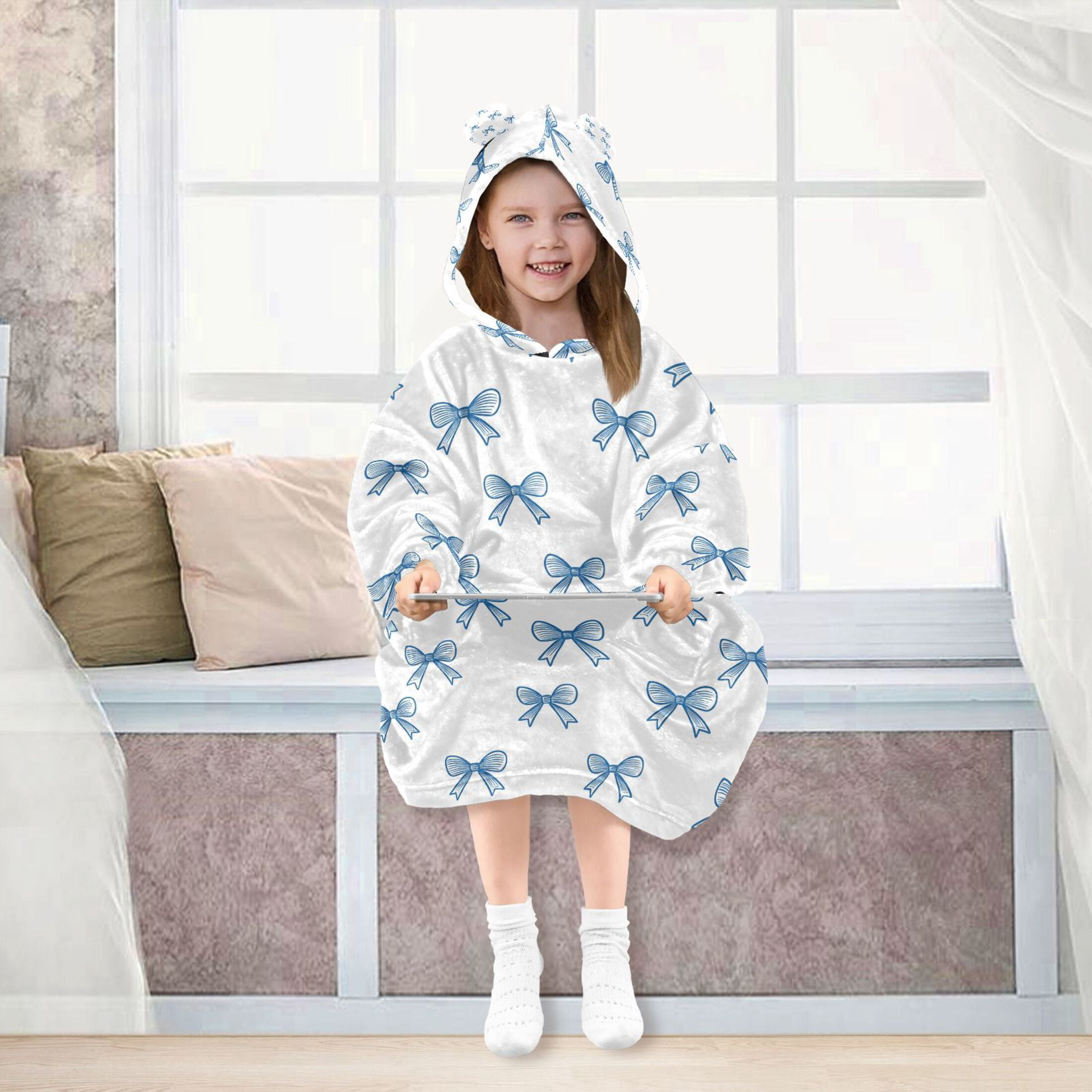 joogoo Wearable Blanket Hoodie for Bows Blue Flannel Sherpa Pocket 3-14 YR S