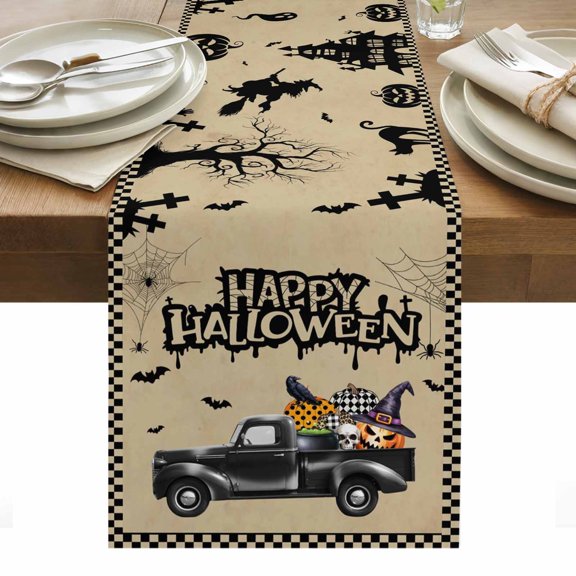 Brown Halloween Table Runner - 70 Inch Long, Kitchen Dining Table Runner Dresser Scarves, Spooky Truck Pumpkins Crow Skull Farmhouse Decor for Coffee Tables Wedding Party Banquet