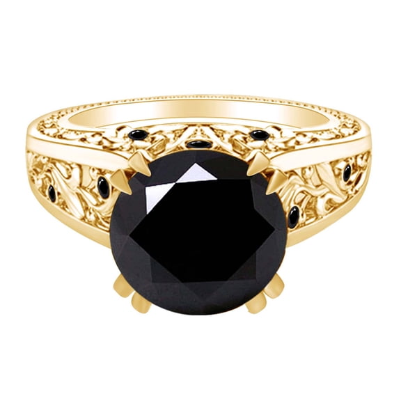 AFFY 2.08 Carat Round Shape Black Diamond Filigree Engagement Ring 14K Solid Yellow Gold Ring Size-5