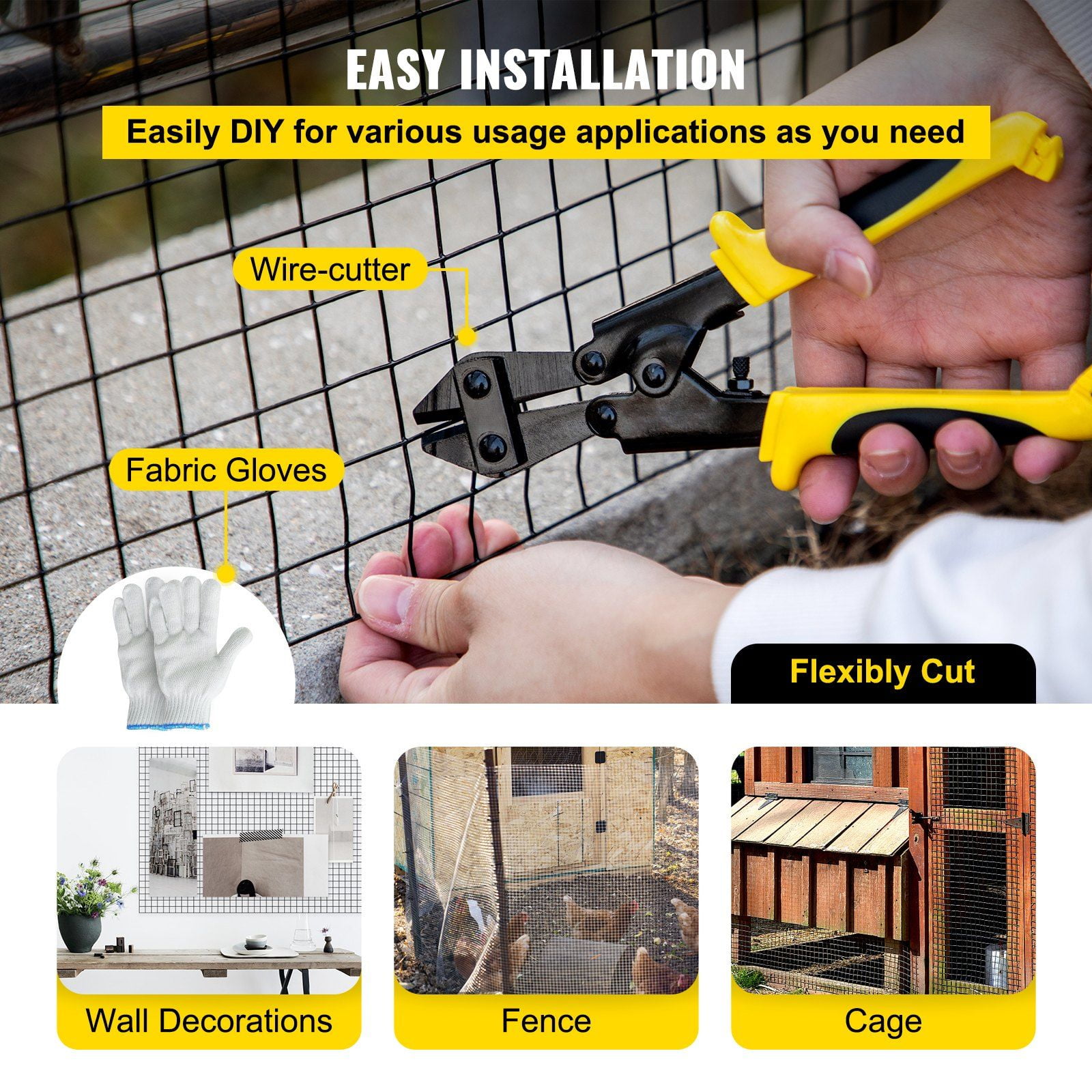 1"x1" Mesh 16 Gauge Vinyl Coated Hardware Cloth, 36"x50' Roll with Cutting Tool & Gloves, Durable Garden Fence, Black