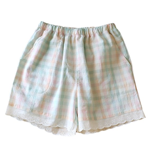 oqasdz Shorts for Women with Lace and Plaid Design Elastic Waisted Comfortable Pockets Loungewear Shorts for Beach Home Summer Clothes