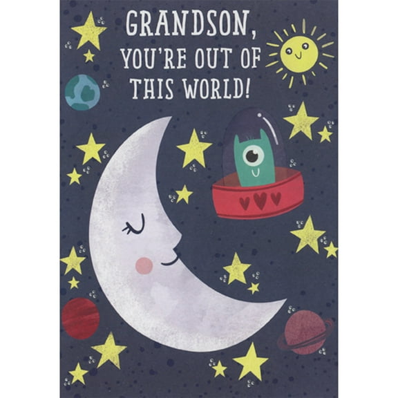 Designer Greetings Grandson, You're Out of This World: Crescent Moon and Cute Alien in Spaceship Juvenile Valentine's Day Card