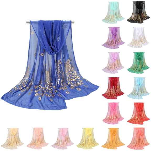 Youpwaven Women's Elegant Peacock Print Shawl with Gold Stamping, Lightweight Sheer Wrap for Evening Dresses, Sparkling Foil Peacock Feather Scarf, Versatile Soft Tulle Cape for Weddings and Parties