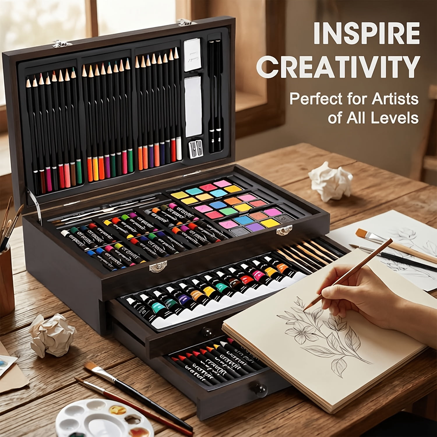 Art Set with Wooden Case, 173-Piece Drawing and Painting Kit for Kids, School, Travel