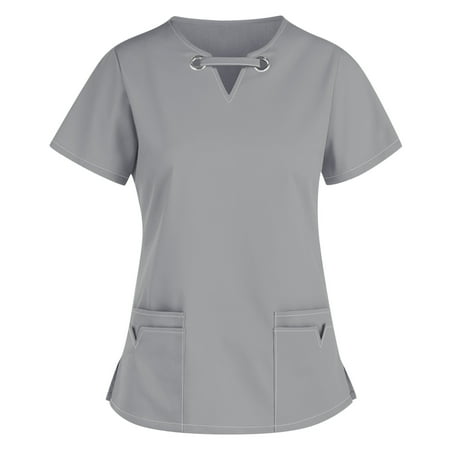 

Scrub Tops for Women Short Sleeve Casual V Neck Solid Color Working Uniform Blouse Comfortable Durable Soft Scrub Shirt with Pockets