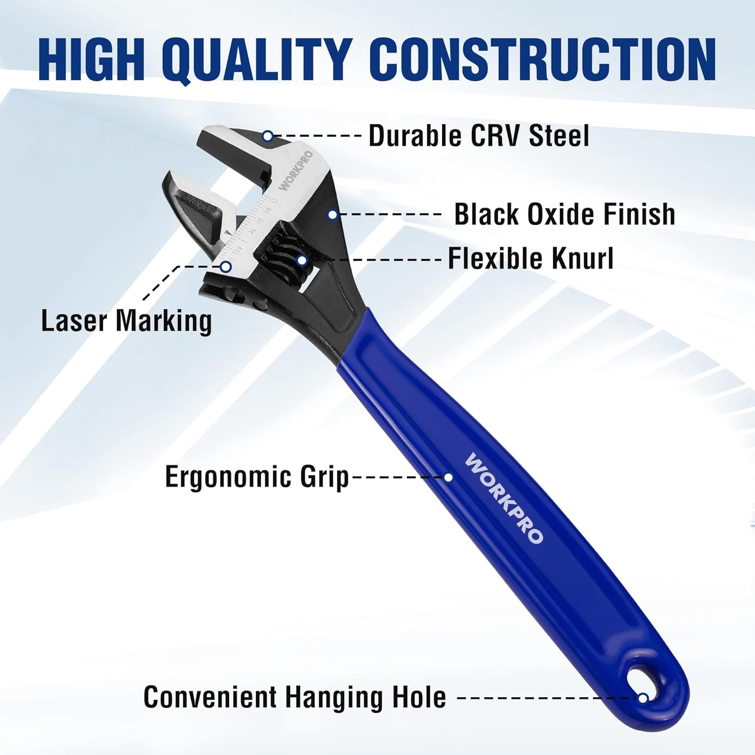 5-piece Adjustable Wrench Set, 4-Inch & 6-Inch & 8-Inch & 10-Inch & 12-Inch , Wide Jaw Black Oxide Wrench, Metric & SAE Scales, Cr-V Steel, for Home, Garage, Workshop