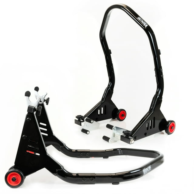 Venom Motorcycle Stand Front and Rear Lift Stand Combo featuring a black high-grade steel and aluminum construction with red polypropylene caster wheels. Includes a front fork lift stand and a rear spool lift stand, both with adjustable height and a patent-pending triangular brace for increased stability. Designed for easy one-person use, compatible with Yamaha, Honda, Suzuki, BMW, and Ducati motorcycles. Ideal for lifting wheels, forks, brakes, chains, and sprockets during maintenance.