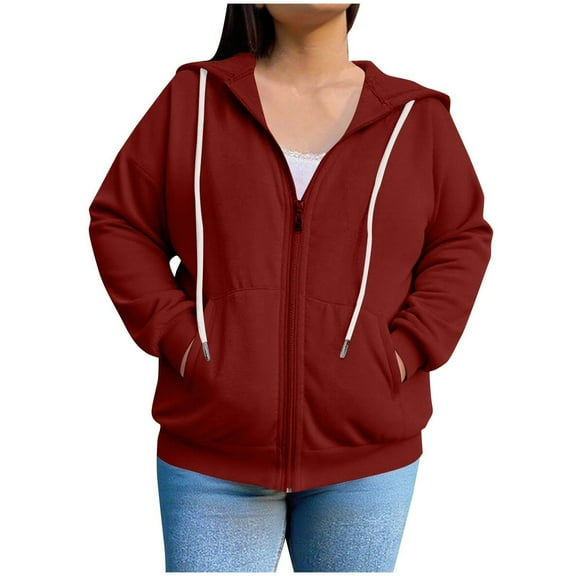 Womens Plus Size Full Zip Jacket with Pockets Hooded Cotton Casual Fall Long Sleeve Pockets Sweatshirt Outerwear (XL, Wine)