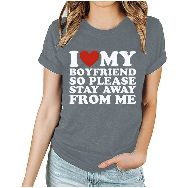 TIMIFIS Saint-Valentin Hauts à Manches Courtes pour Femmes Mode Décontractée Col Rond J'aime Mes Petits Amis Imprimé Col Rond Tee Chemise Hauts