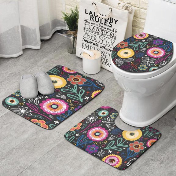 Multicolor Cartoon Floral Pattern Bathroom Rugs Sets 3 Piece,Toilet Cover Set,Absorbent Non Slip Bathroom Mats Sets with U-Shaped Contour Rug Toilet Rug Set