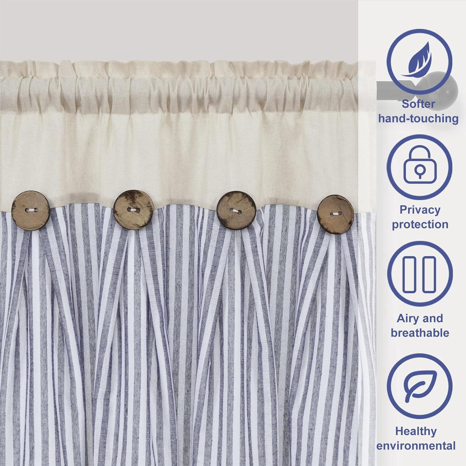 Alishomtll Stripe Kitchen Curtains 8 Button Linen Cotton Window Curtains Sets 24 Inches Long ,Rod Pocket ,Blue