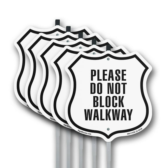 Please Do Not Block Walkway (5 Pack) 12 inch X 12 inch Shield Shaped Rust-Free Aluminum Metal Signs with Aluminum Mounting Stakes Weather Resistant Made in the USA