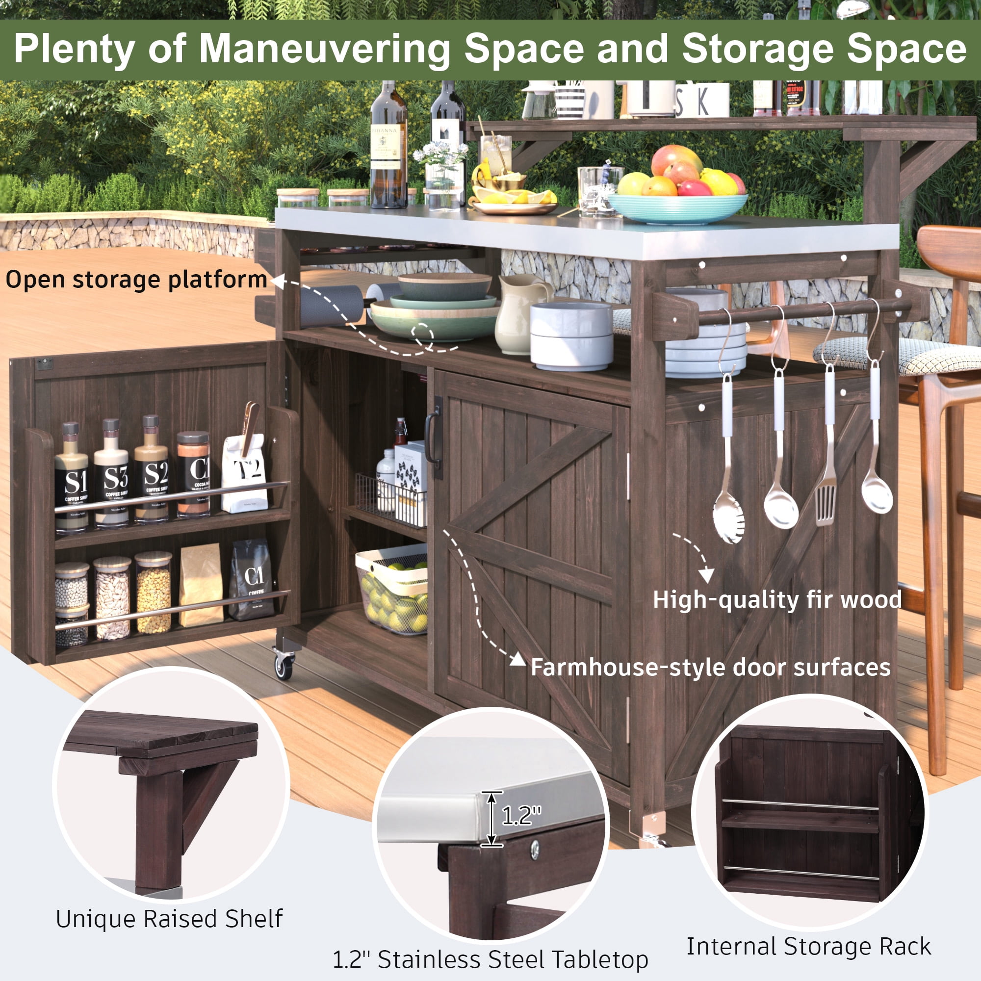 BIGWOO Outdoor Kitchen Island with Solid Wood Storage Cabinet with Stainless Steel Top, 53.3” Brown