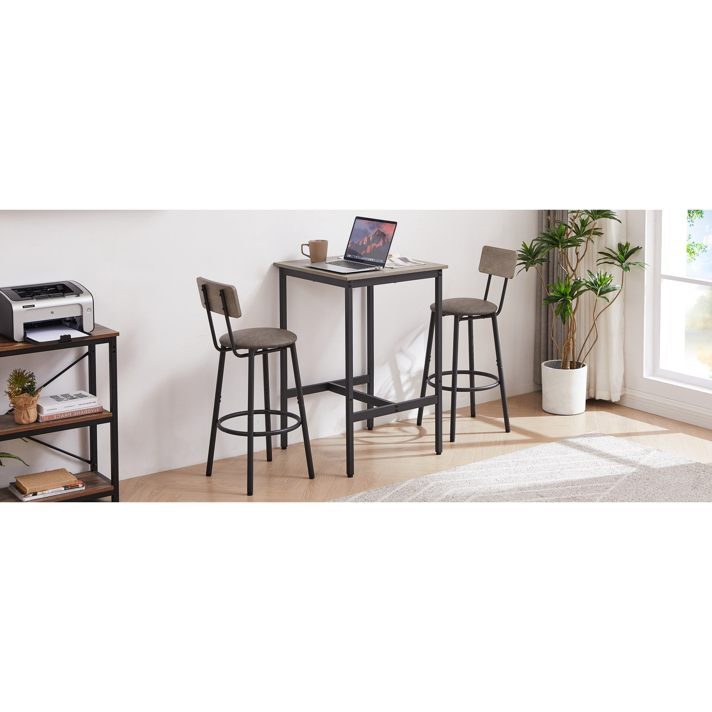 Bar Table Set with 2 Bar stools PU Soft seat with Backrest, Grey, 23.62" W x 23.62" D x 35.43" H