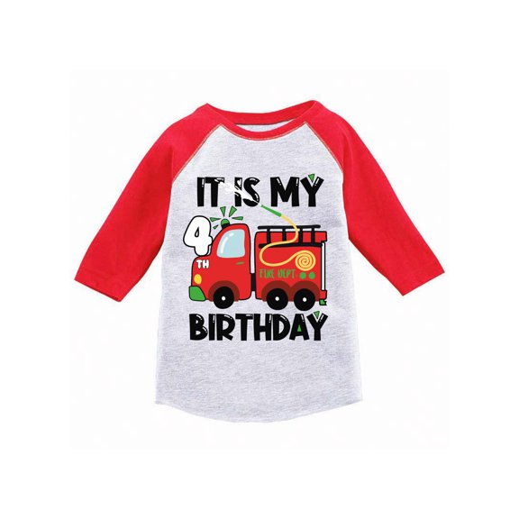 Awkward Styles My Fourth Birthday T-shirt Fire-Truck Toddler Raglan Shirt Firefighter Top