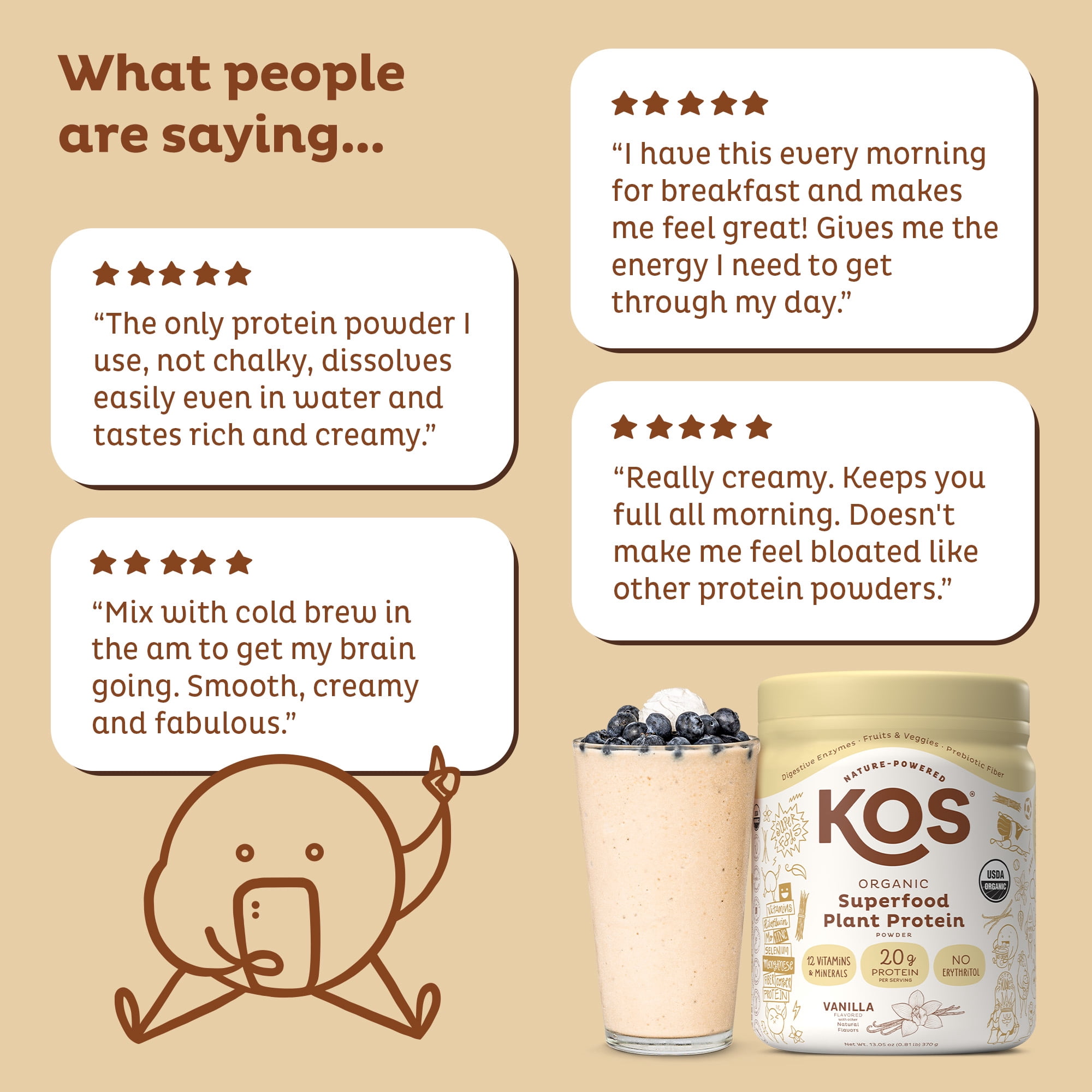 KOS Organic Plant Based Protein Powder, Vanilla, 20g Protein, 10 Servings, 13.05oz