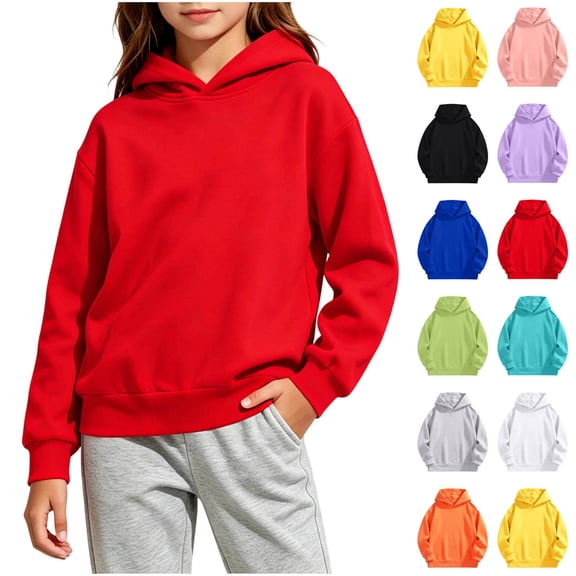 AKOEE Girls Hoodies Comfy Loose Plain Hooded Sweatshirts Kids Light Casual Long Sleeve Fall Winter Tops (7-8 Years, Red)