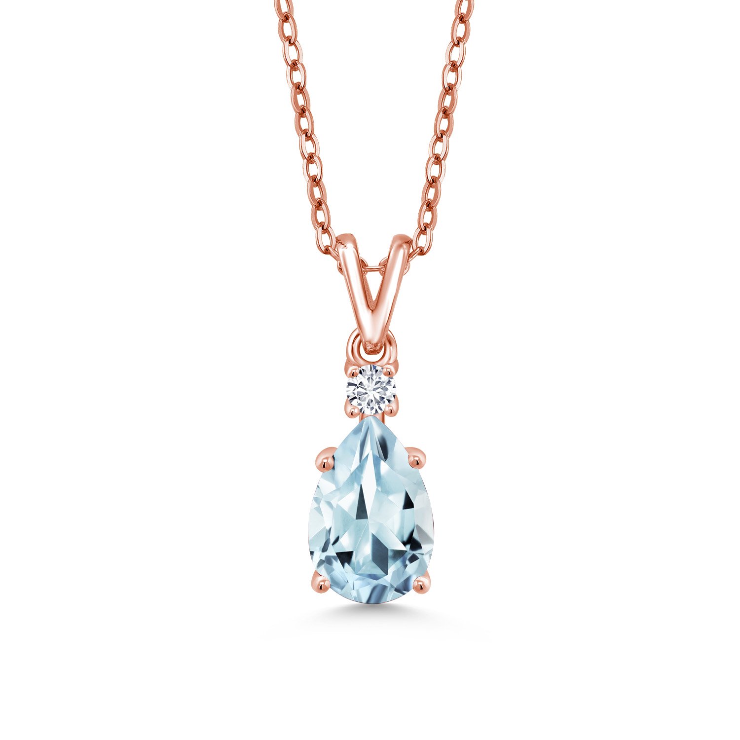 Gem Stone King 18K Rose Gold Plated Silver Sky Blue Aquamarine and White Lab Grown Diamond Pendant Necklace for Women (1.22 Cttw, Gemstone March Birthstone, Pear Shape 9X6MM, with 18 inch Chain)