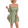 thumbnail image 2 of Women'S Summer Off Shoulder Mini Dress Ruffle Sleeve Elastic Waist Ruffle Hem Cute Beach Elegant Short Dresses Green L, 2 of 9