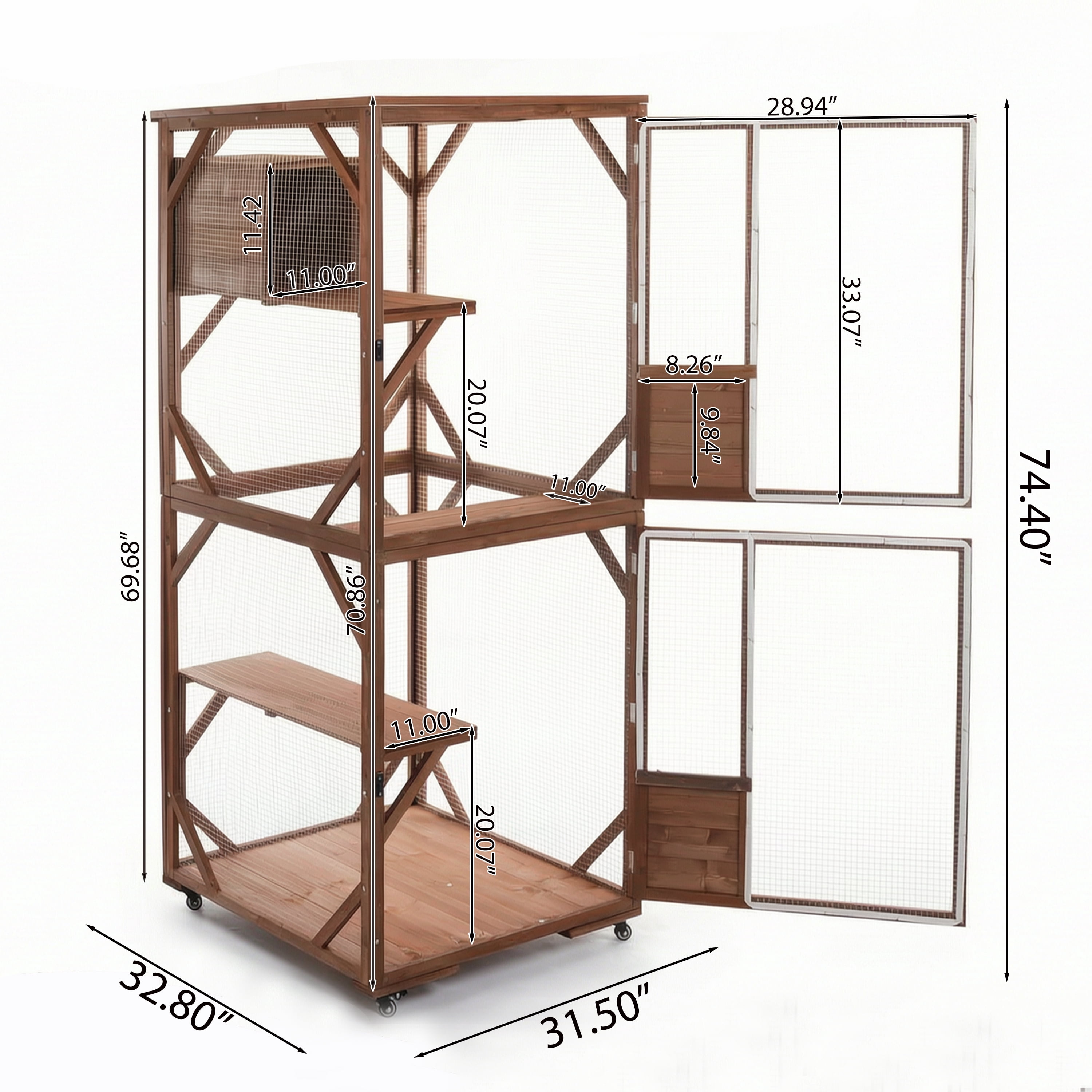 Cat Enclosure 2-Tier with Lockable Wheels and Wire Mesh, Outdoor Wooden Cat Cage and Playpen with Resting House for Backyard, Dark Brown