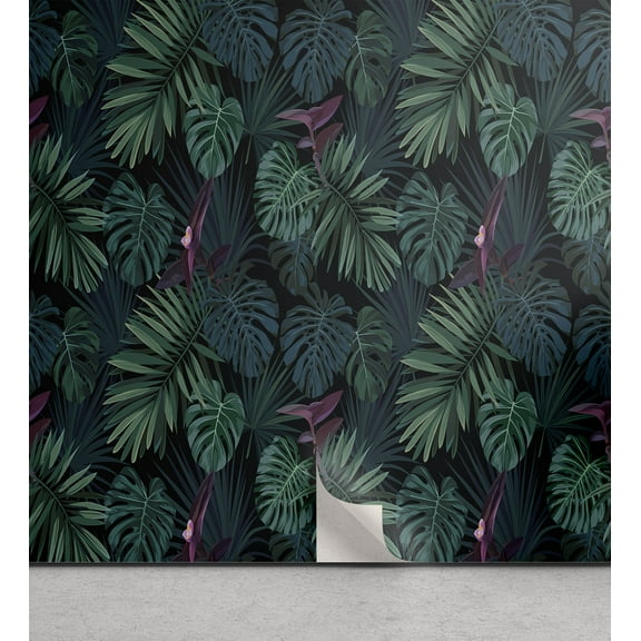 Ambesonne Leaf Print Peel & Stick Wallpaper for Home, Modern Exotic Art Leaves, 13"x100", Eggplant Dark Teal and Green