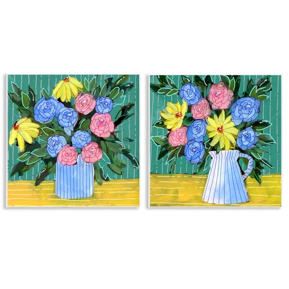 Stupell Industries Bright Flowers on Stripes Plants & Flowers Painting Unframed Art Print Wall Art, 12 x 12, Set of 2