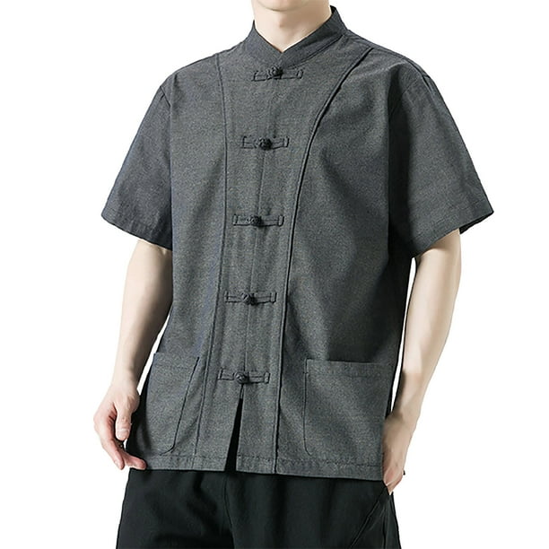 Camisas s Para Hombre Camiseta de manga corta de algodón con cuello Retro para hombre, ropa Tang, placa con hebilla, camiseta informal de algodón transpirable Hanfu para hombre (Dark Gray, 3XL)
