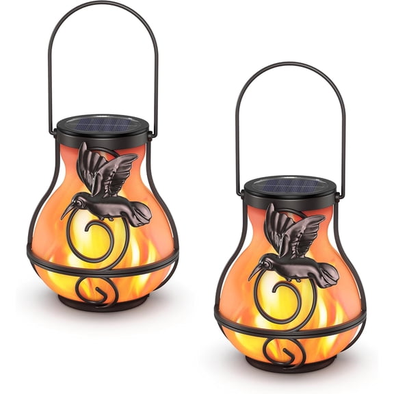 2  Solar Lanterns Outdoor ,  Hummingbird Flickering Flame Light Garden Decor  Lights Decorative for Outside Patio Pathway Yard Christmas Birthday Gifts