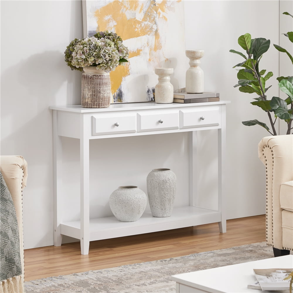 Topeakmart 3-Drawer Wooden Console Table Entryway Table with Storage Shelf Pine Wood Legs, White