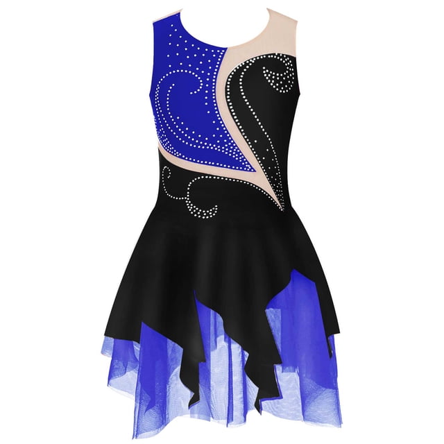Jhaoyu Kids Girls Sleeveless Sparkly Rhinestone Figure Roller Ice Skating Dress Gymnastic Ballet Leotard Dress Dancewear Black&Blue 10